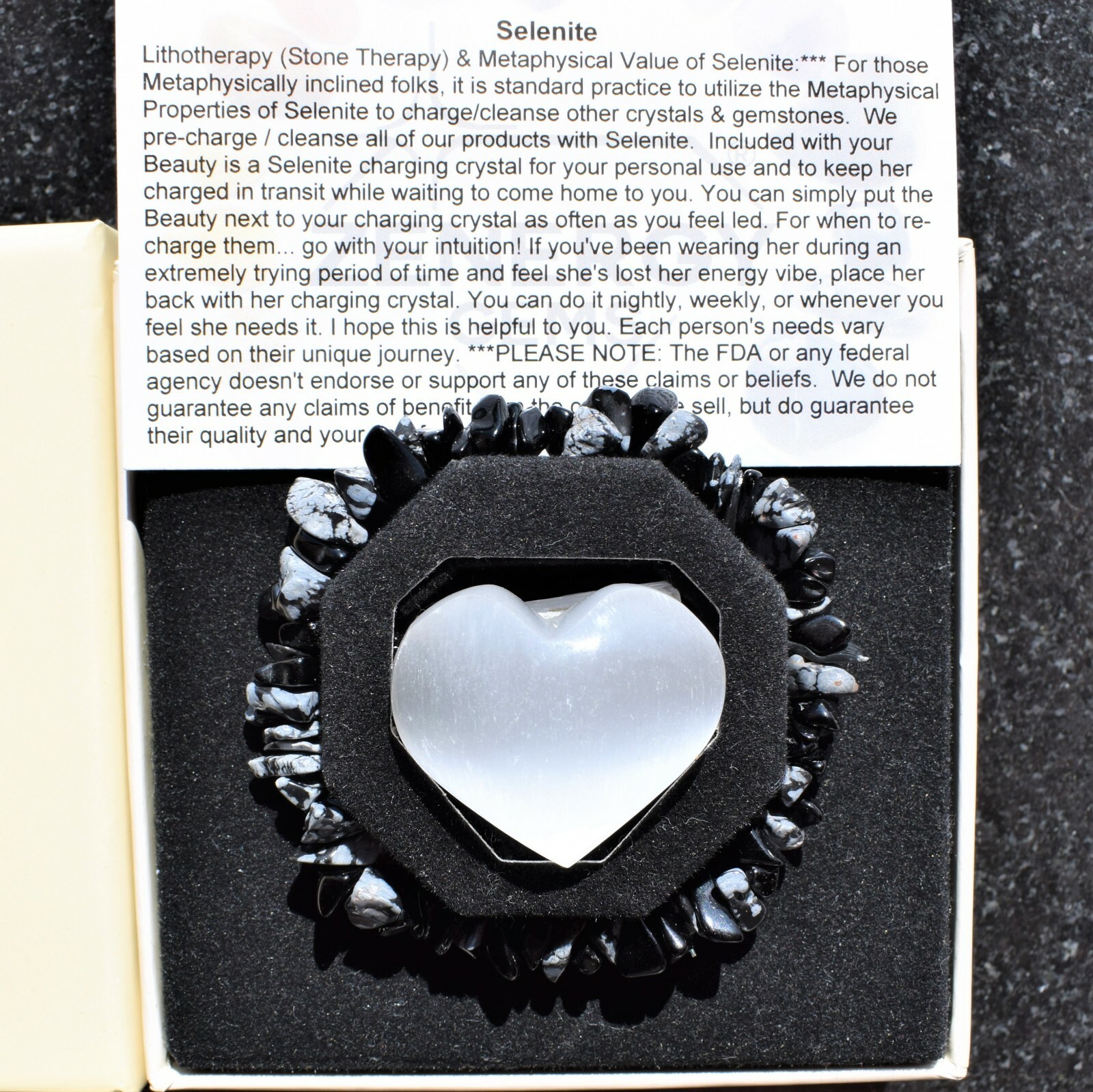 Charged Snowflake Obsidian Crystal Chip Bracelet + Selenite Puffy Heart