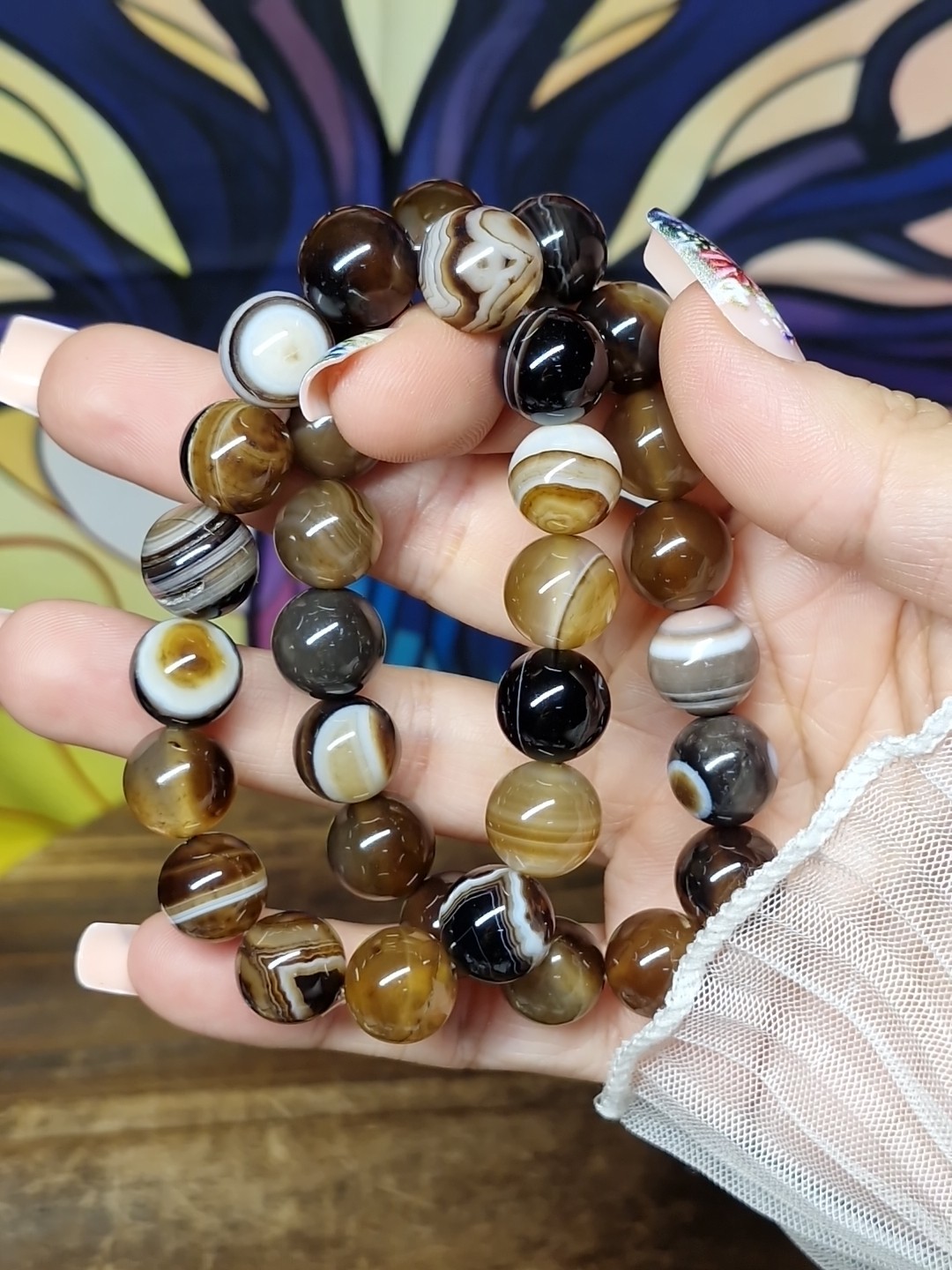 Botswana Agate Crystal Bracelet 12mm Genuine Bead Stretch Fit 19.2cm 1pc