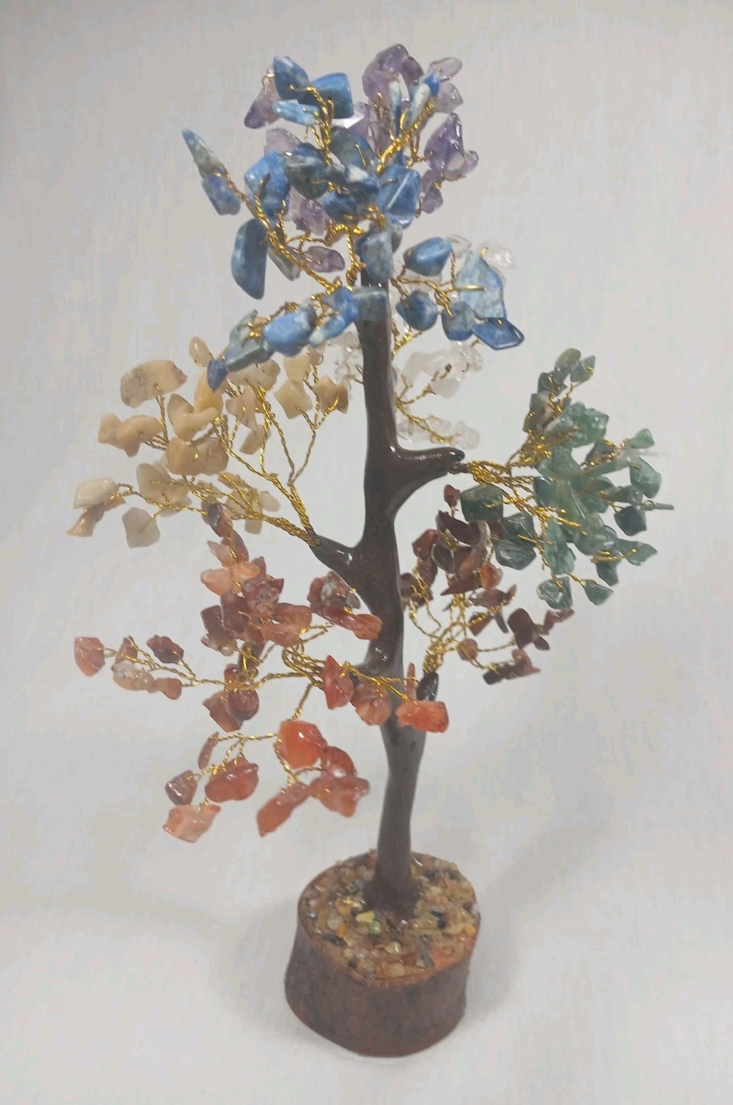 Seven Chakra Tree of Life Gemstone Wire Bonsai Tree Wood Base 10+ Inches Tall