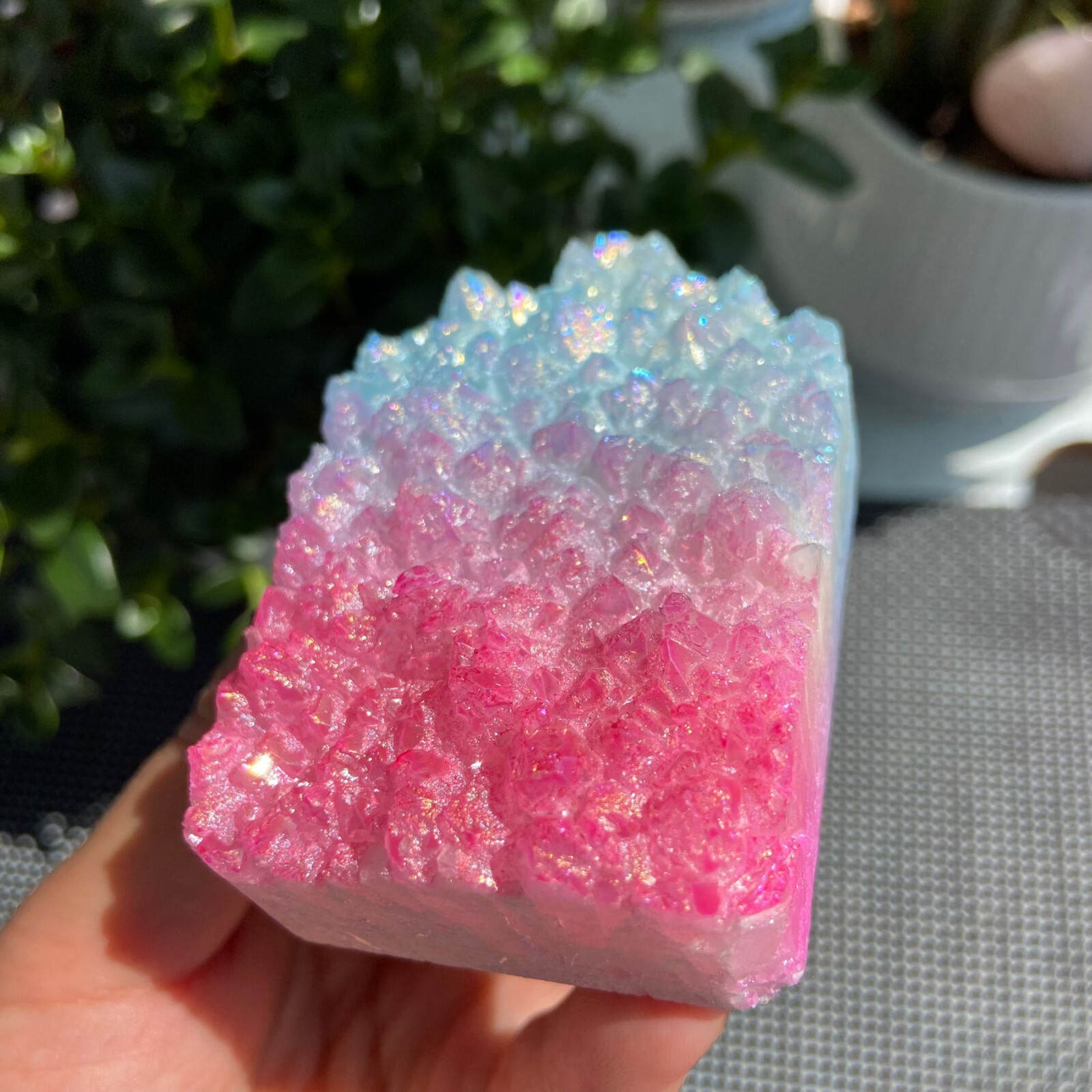 176g Titanium-Coated Pink Blue Aura Quartz Cluster Obelisk Tower Crystal Energy