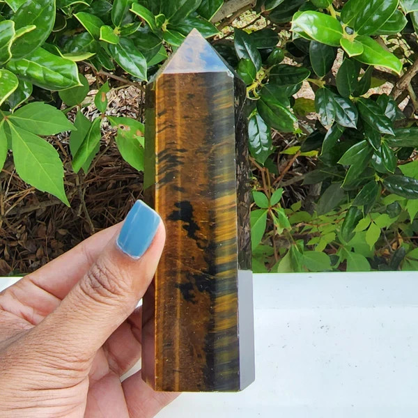 1PC Tiger Eye Tower Obelisk Point Wand Golden Crystal Healing Protection Wealth
