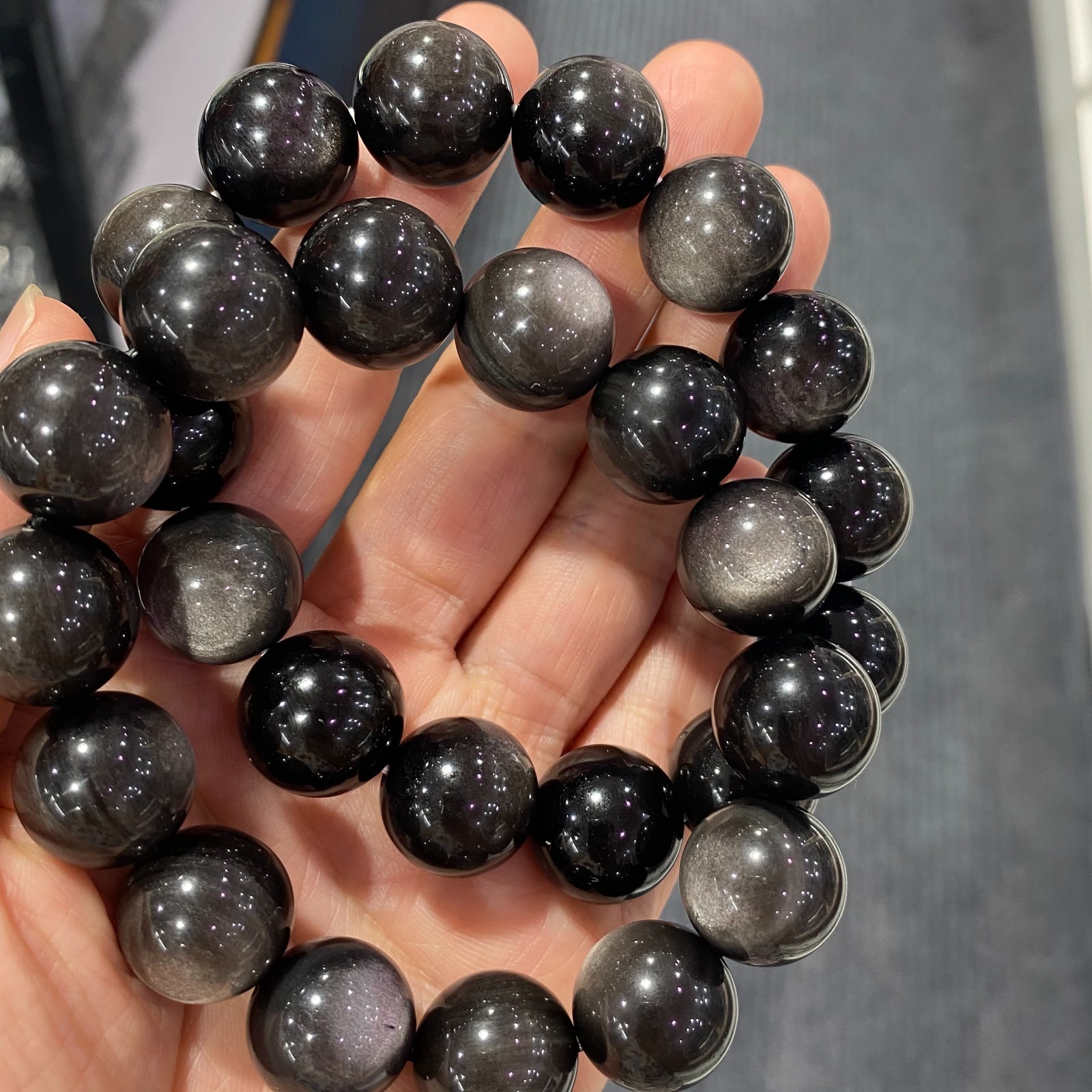 1Pcs silver obsidian bracelets 16mm