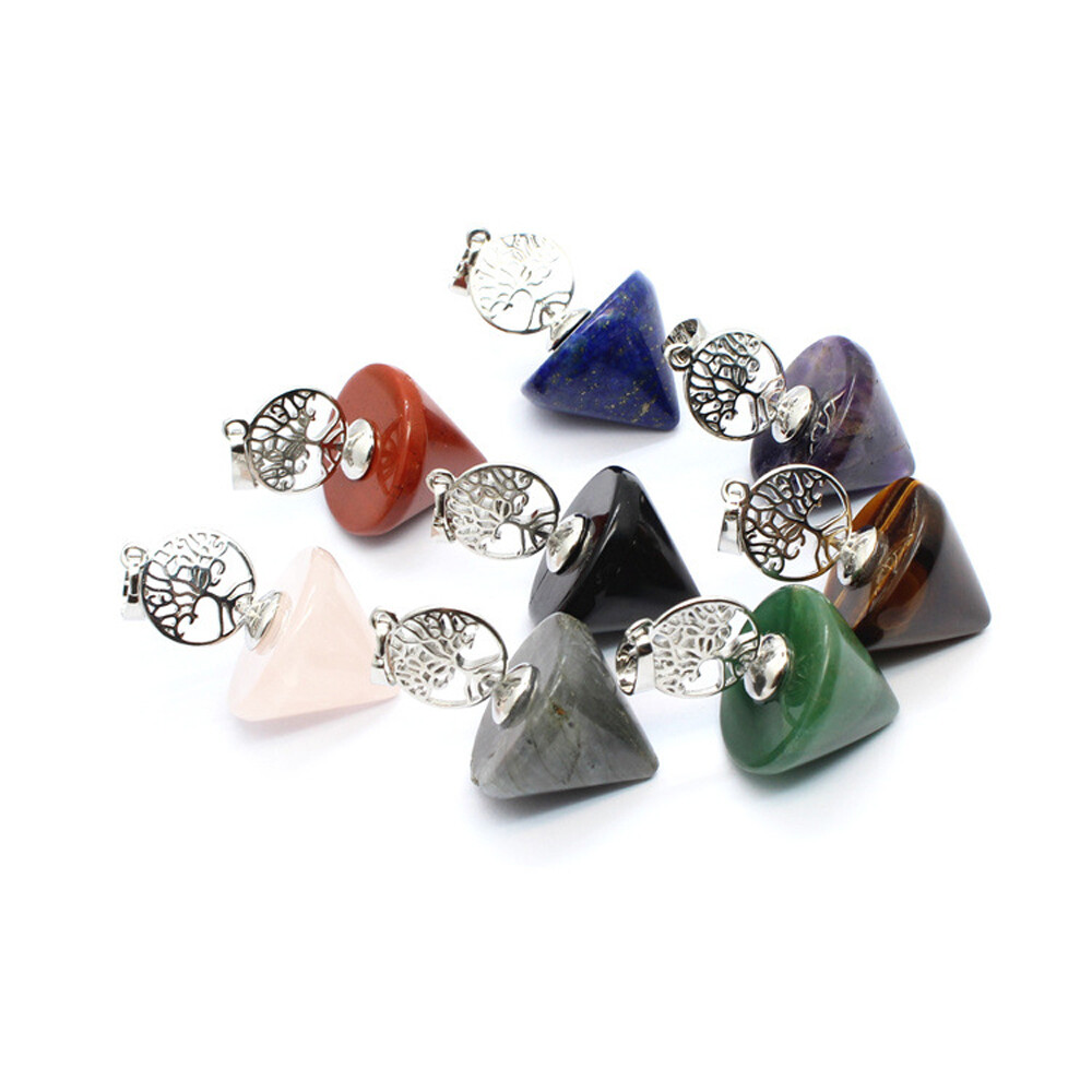 Natural Chakra Crystal Round Cone Stone Pendant Tree of Life Pendulum Healing