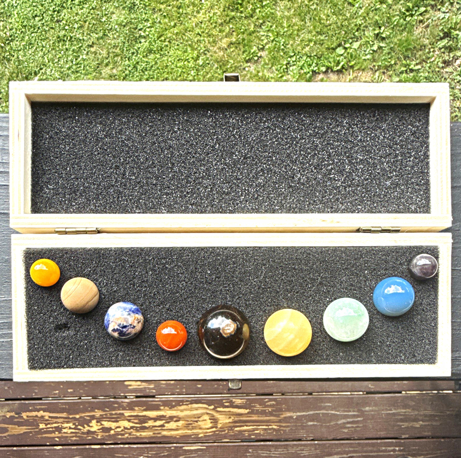 Handmade 9pc Polished Stone Marbles Set w/ Wooden Display Storage Box