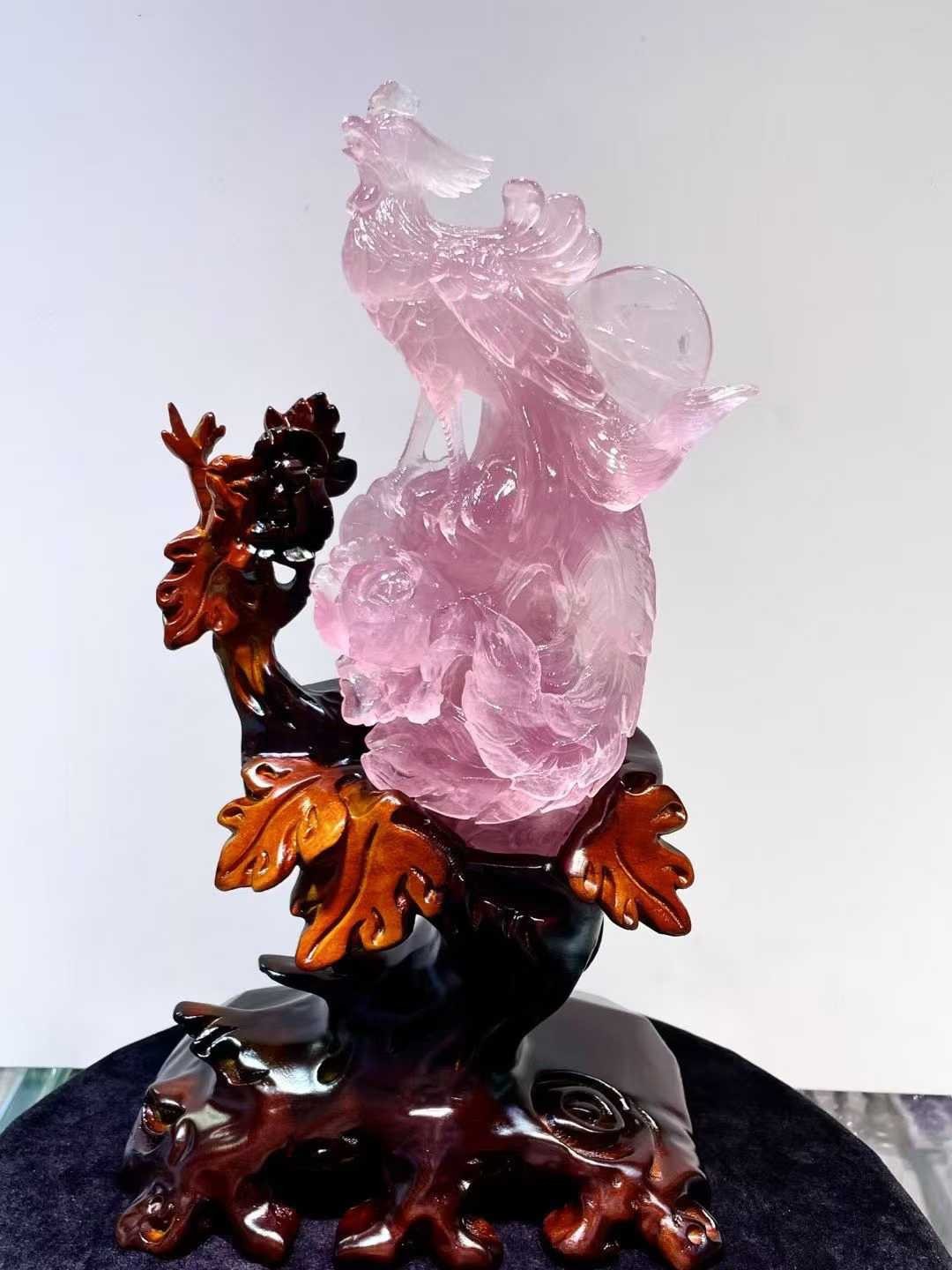 4.3LB Natural Pink Rose Quartz Carved Phoenix Skull Crystal Reiki Decor+Stand