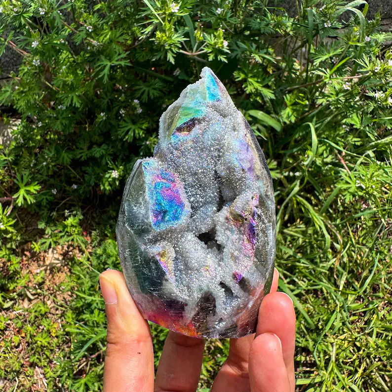 150-200g Titanium Angel Aura Sphalerite Flame Tower Rainbow Crystal Cluster