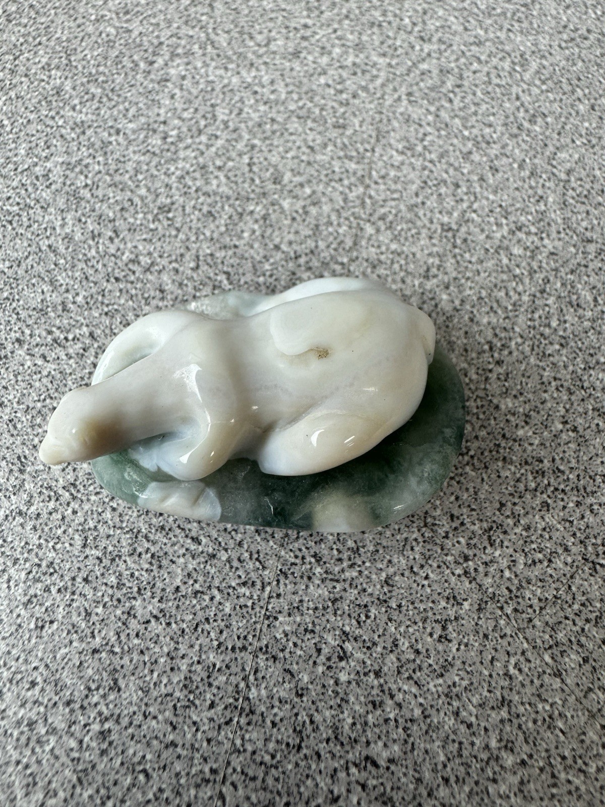 Carved white & green druzy moss agate animal figurine in original box.