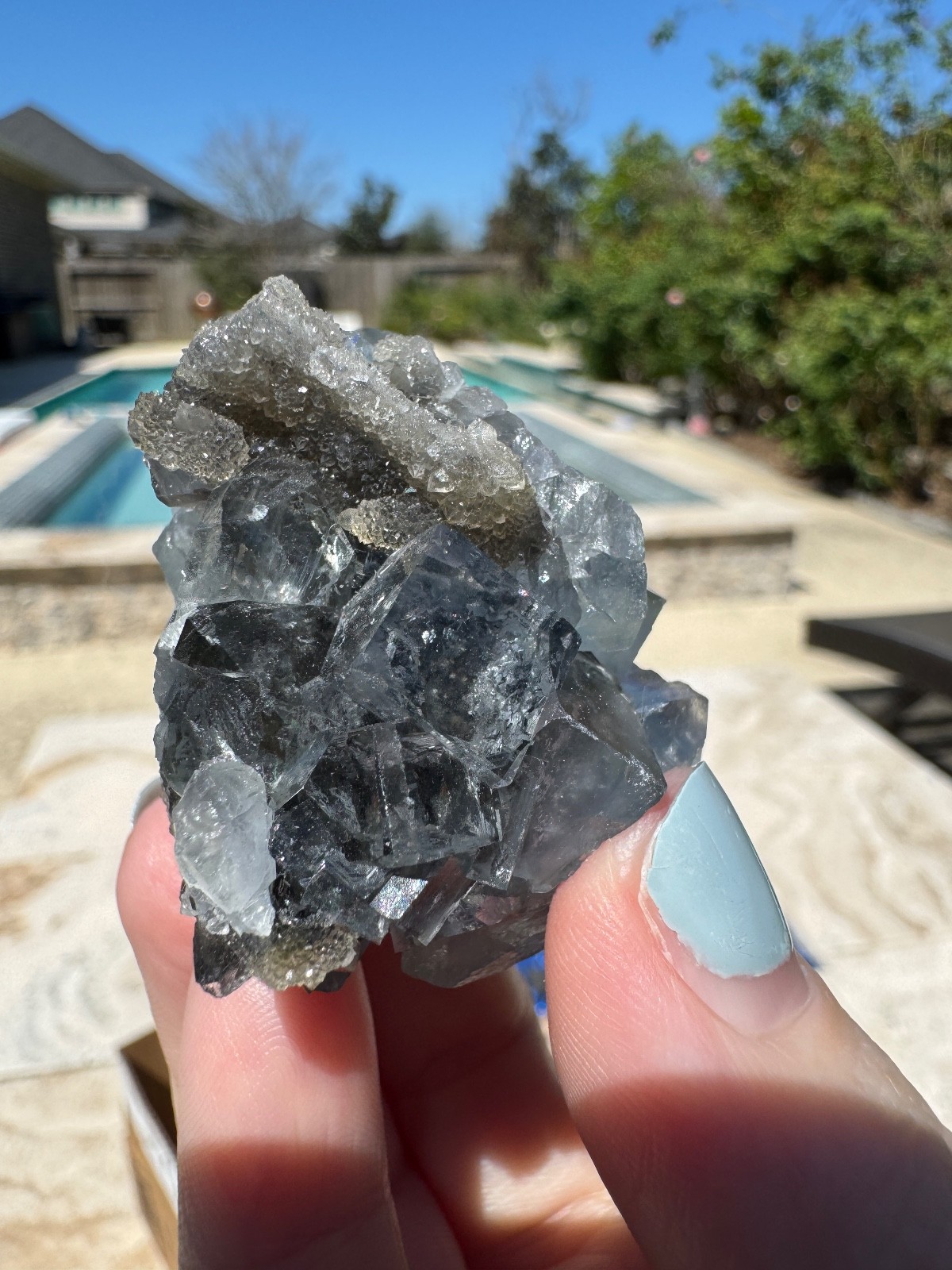 6210 Clear Blue Cubic Fluorite on Druzy Quartz Fu Jian 76g