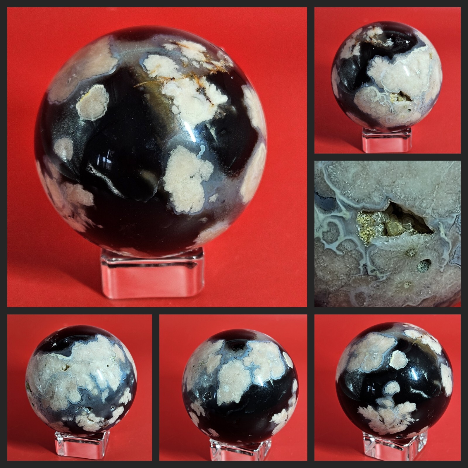 Druzy Black Flower Agate Sphere Quartz Crystal Gemstone Healing Natural 290G