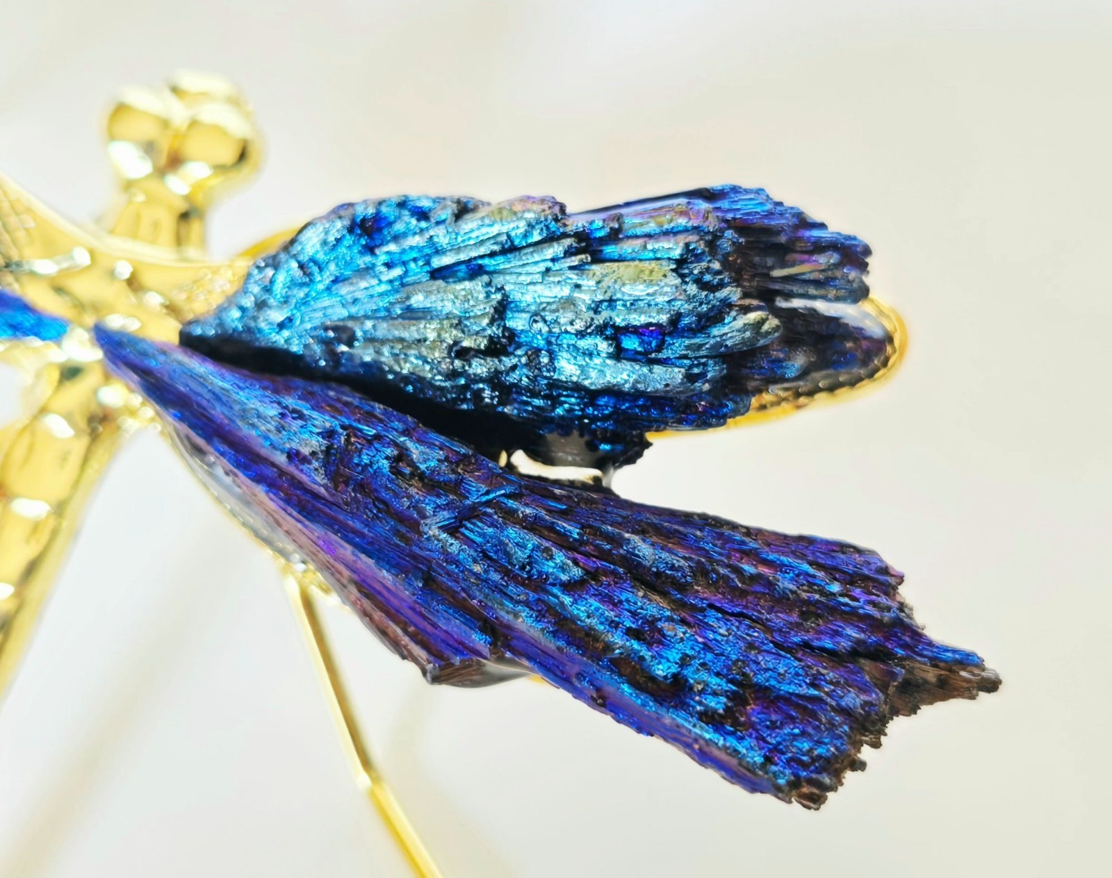 Titanium Kyanite Mineral Dragonfly. Iridescent Blue, Purple Metal and Stone.