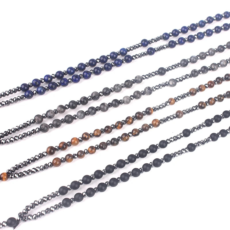 6Mm Natural Stone Black Obsidian Tiger-Eye Lapis Lazuli round Beads Long Necklac