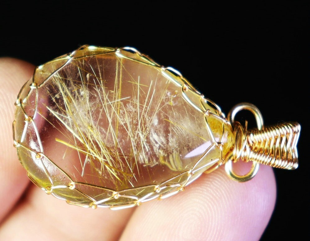 Natural Clear Golden Sun Rutilated Titanium Quartz Crystal Stone Pendant Healing