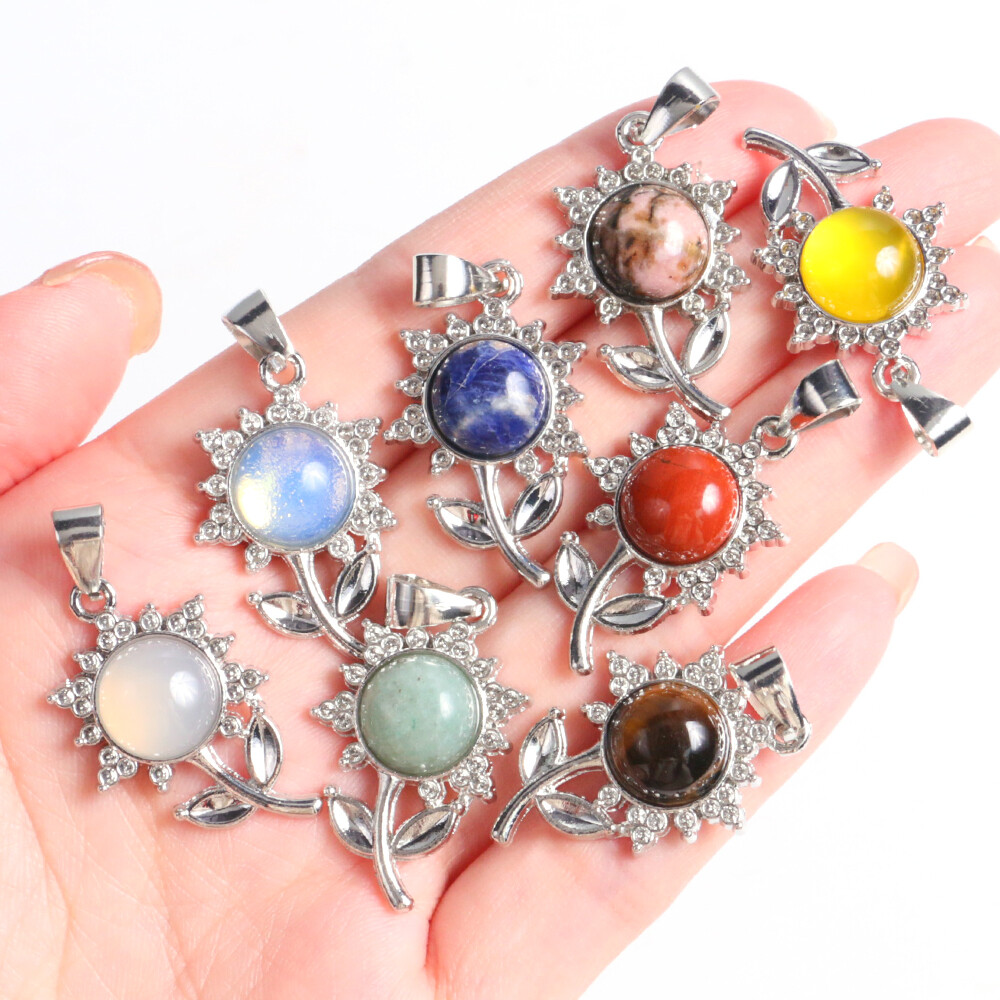 Bead Flowers Pendant Natural Crystal Quartz Chakra Stone Round Necklace Healing