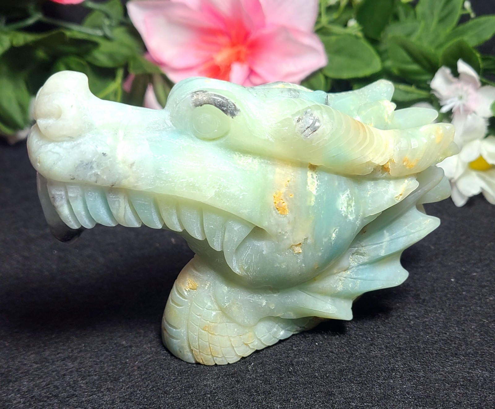 5.2″ 422g Blue Caribbean Calcite Dragon Head Crystal Skull Stone Carving Statue