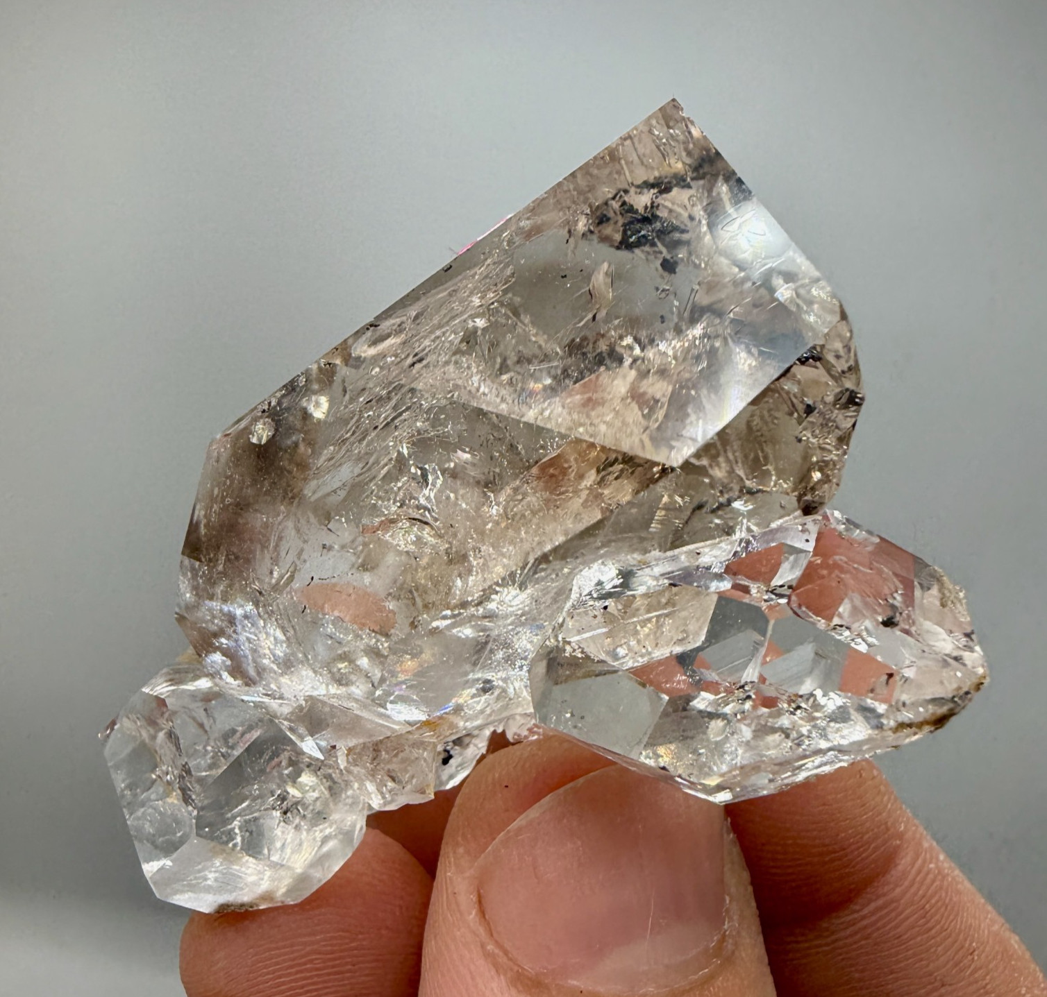 Enhydro Herkimer Diamond Gem Cluster w/ Moving Gas Bubble, Light Smoky Phantoms