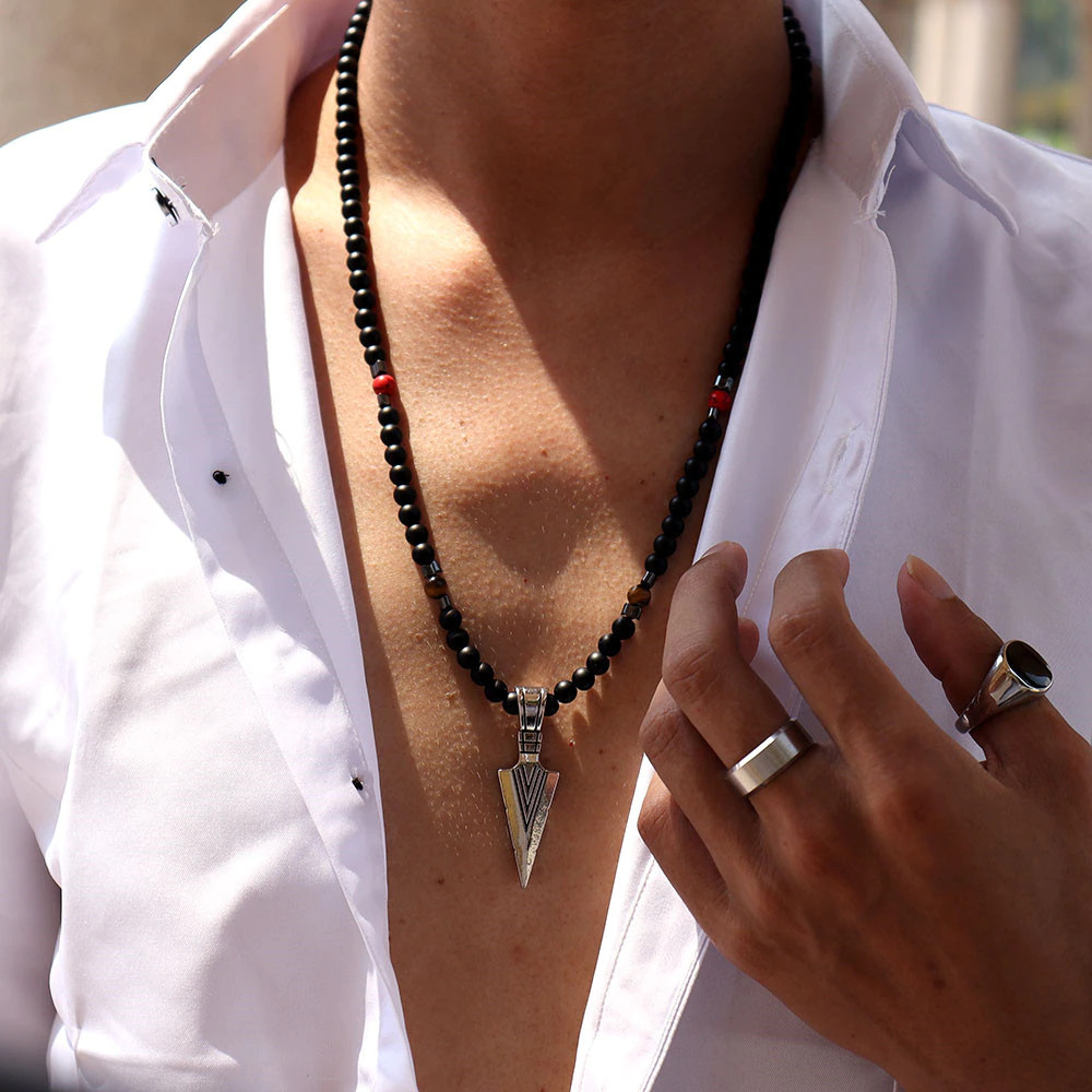 Men’s Fashion Jewelry Tiger Eye Stone Beaded Arrow Pendant Necklace Gift