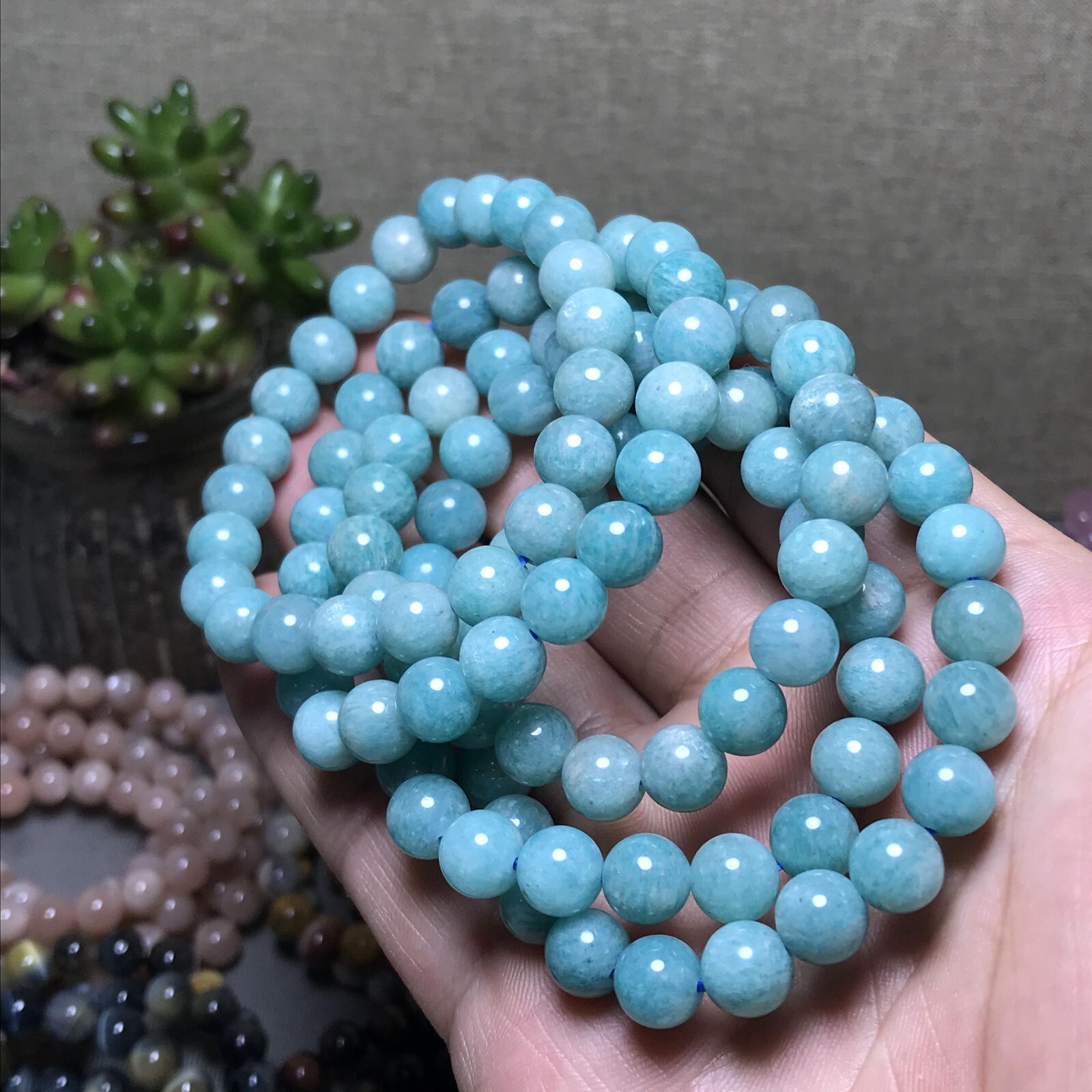 5Pcs Wholesal Natural Polish amazon stone bracelets Crystal ball 8mm