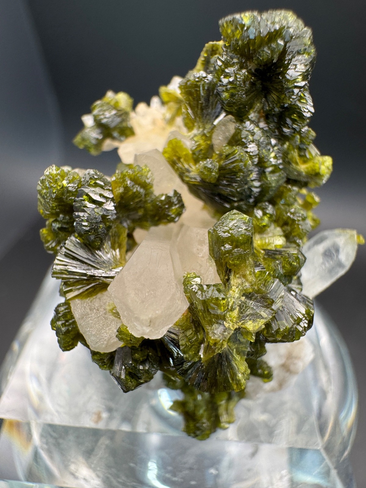 6804 High Quality Gemmy and Bright Green Epidote on Quartz in Perky 15g Morocco