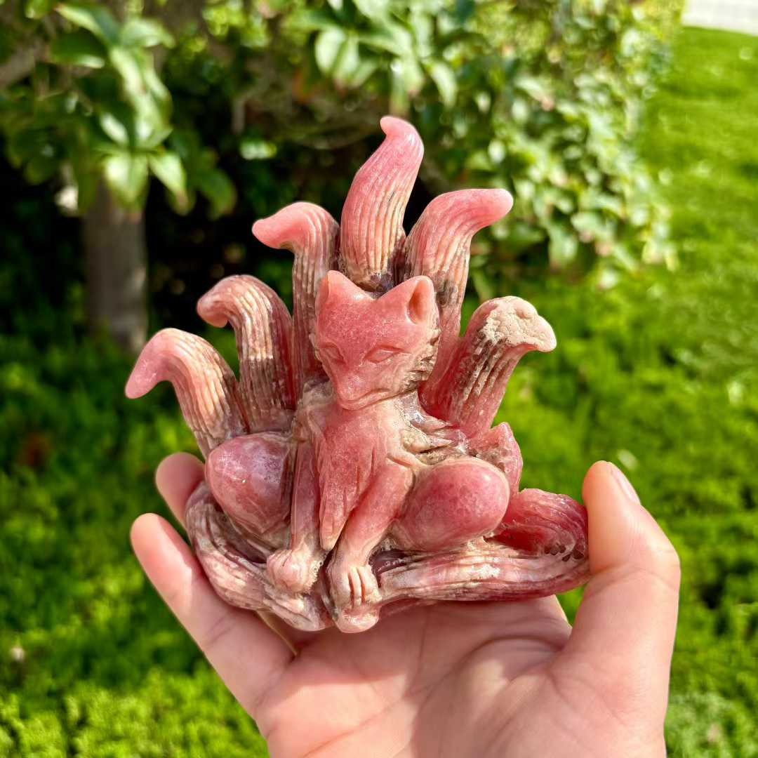 449g Natural Rhodochrosite Quartz Carved Nine-tailed fox Skull Crystal Reiki