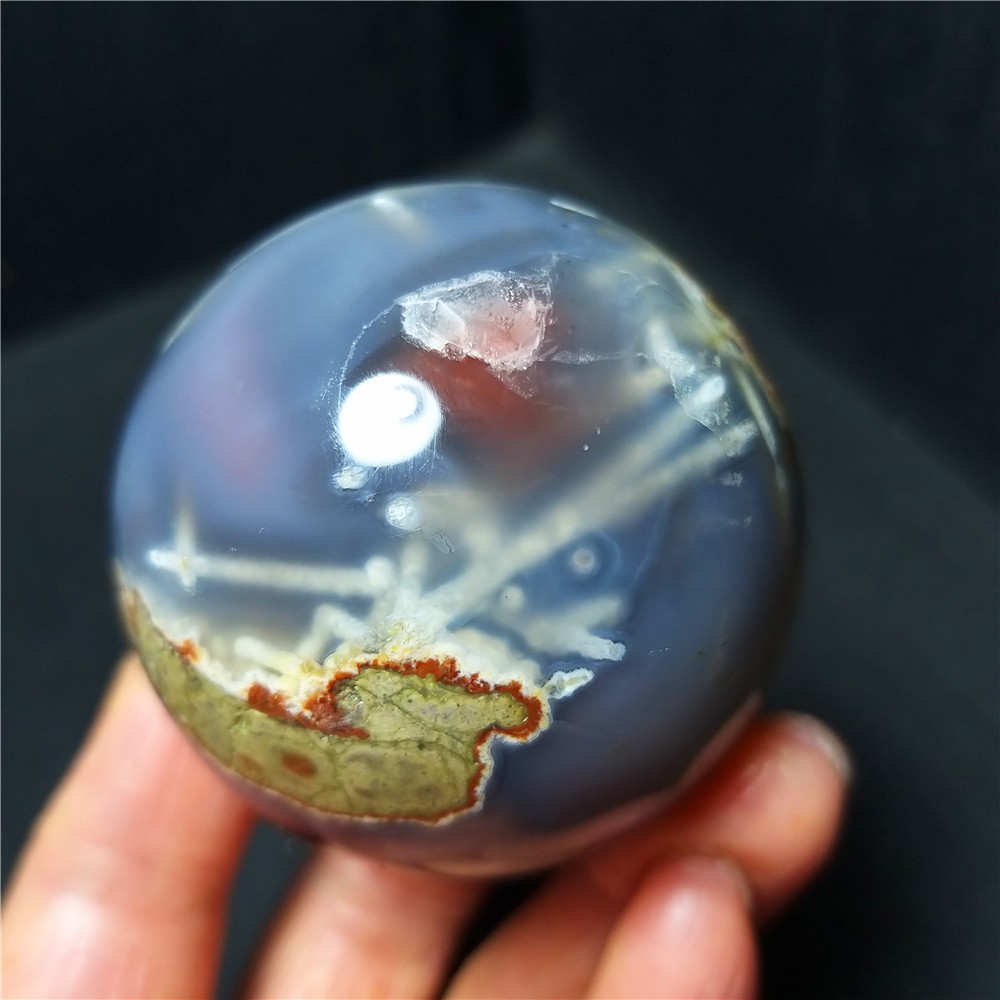 RARE 175.6G Natural Polished colorful Banded Agate Tourmaline Ball Healing A4698