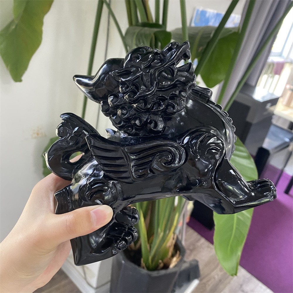 3.9LB 5.5″Natural A+Black Obsidian Kylin Statue Crystal Reiki Carving Decor