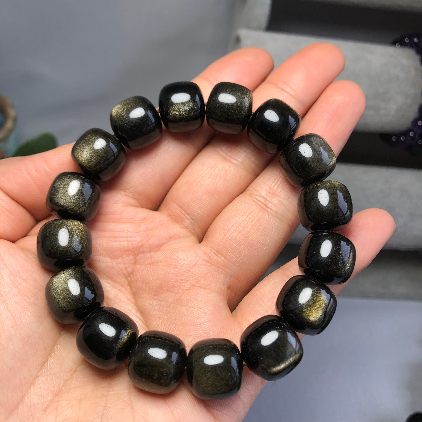 1pcs wholesale Natural Golden obsidian quartz Crystal beads bracelet 14-12mm