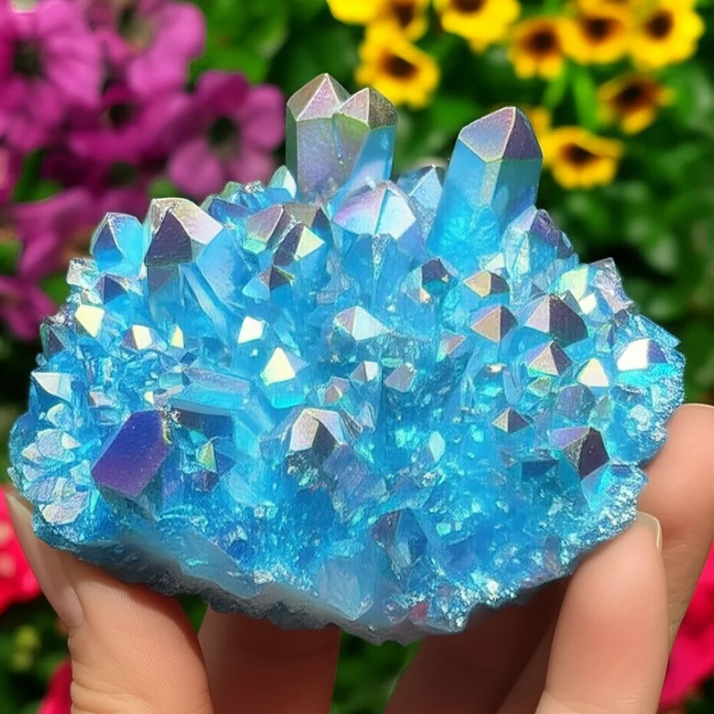 Titanium Aura Blue Quartz Crystal Cluster Geode Rainbow Healing Specimen Decor