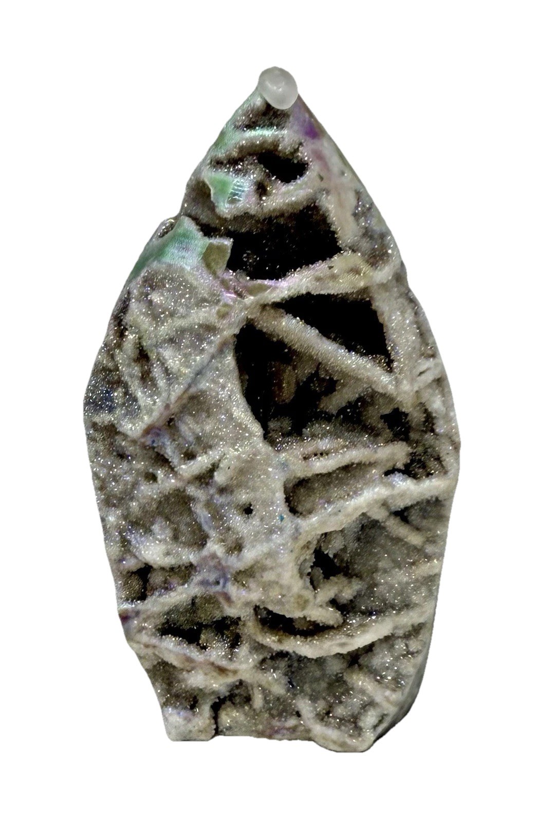 4” Aura Sphalerite Crystal Teardrop Freeform With Sugary Sparkling Druzies
