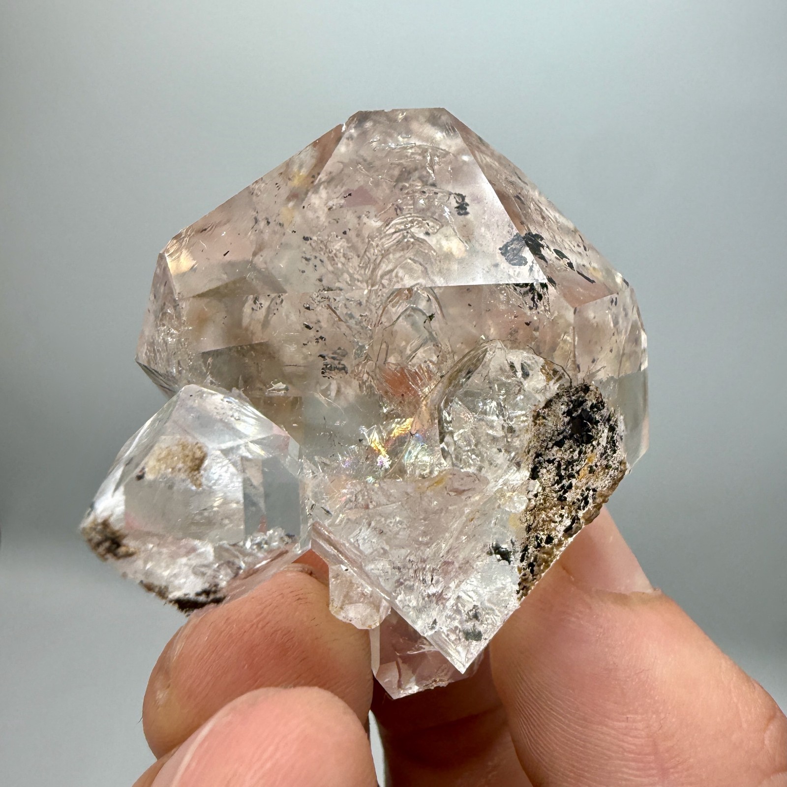 Enhydro Herkimer Diamond Gem Cluster w/ Moving Gas Bubble, Light Smoky Phantoms