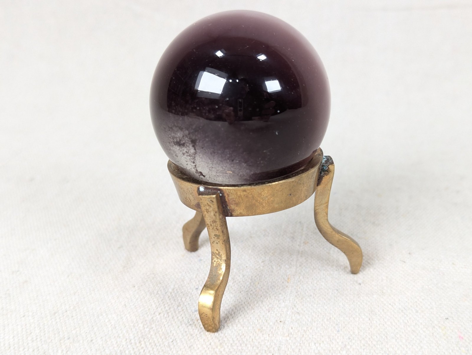 Vintage Purple Obsidian Glass Sphere on Three-Legged Brass Tripod Stand Decor