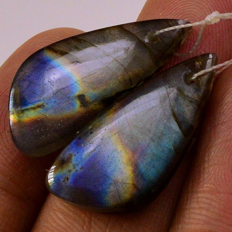 21Cts Natural Labradorite Gemstone Cabochon Front Drill Earrings 22x10mm #P3179