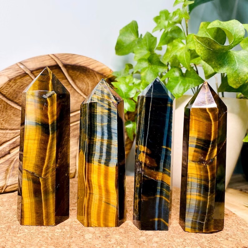 Natural Tiger’s Eye Healing Crystal Wand Obelisk Reiki Tower Point Home Ornament