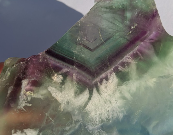Purple Green Fluorite geometric banding w/snowflake feather slab crystal Unique!