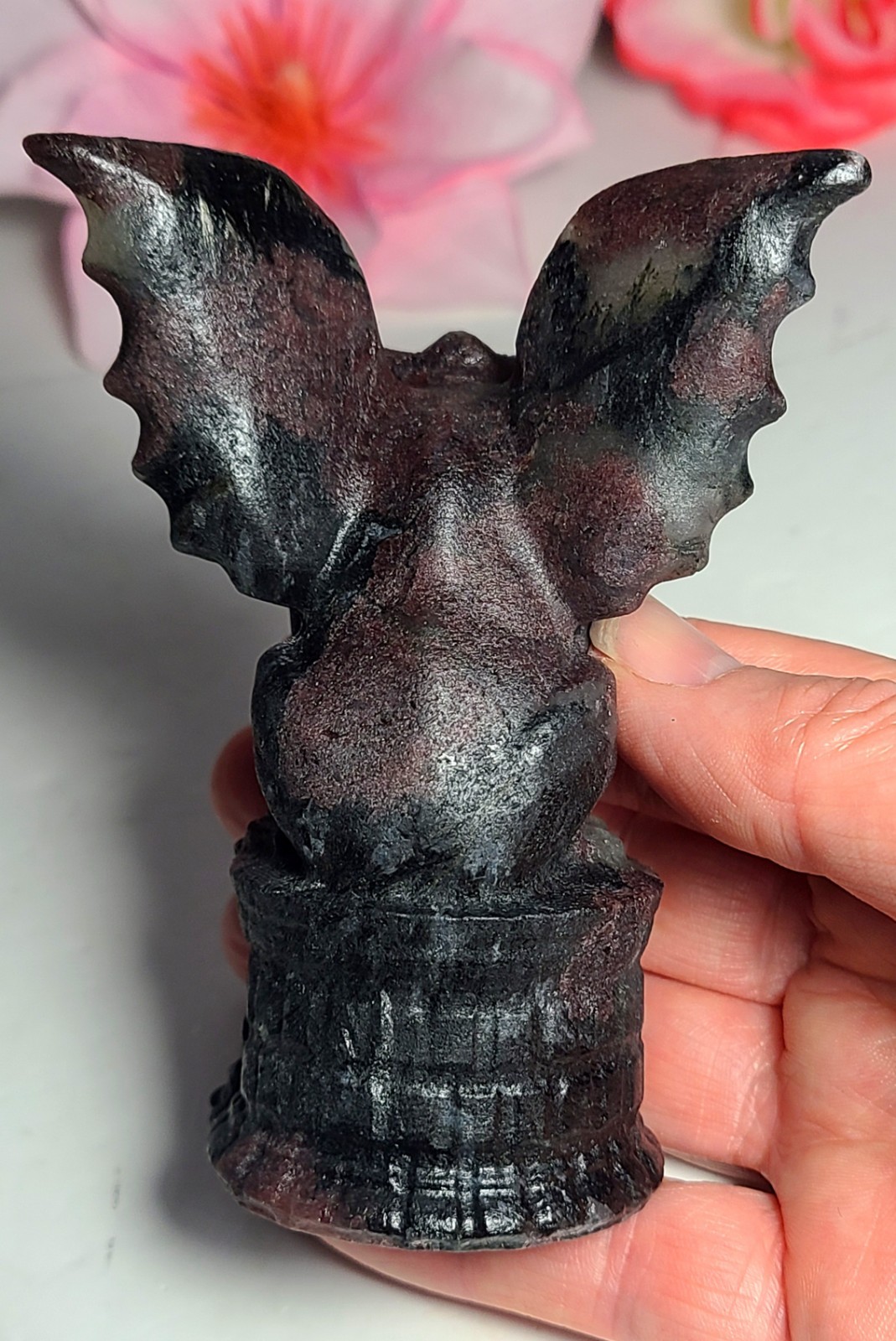 4″ 329g Magnificent Garnet Arfvedsonite Gargoyle Crystal Stone Carving Statue