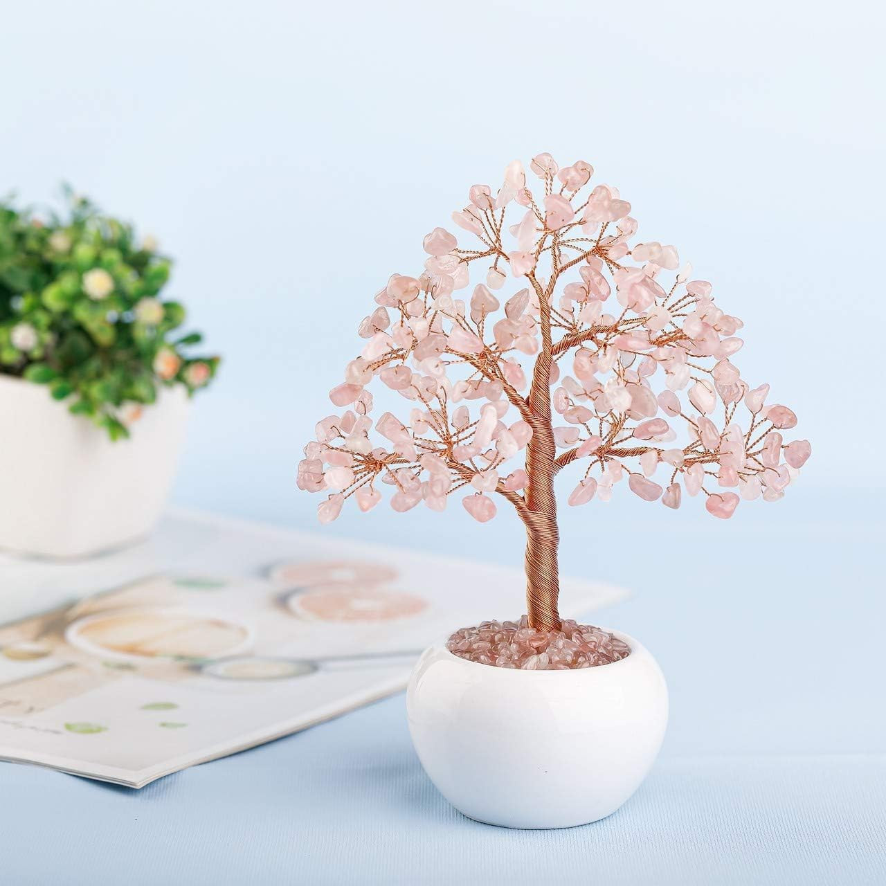 Rose Quartz Crystal Money Tree Feng Shui Natural Healing Crystal Gemstone Bonsai