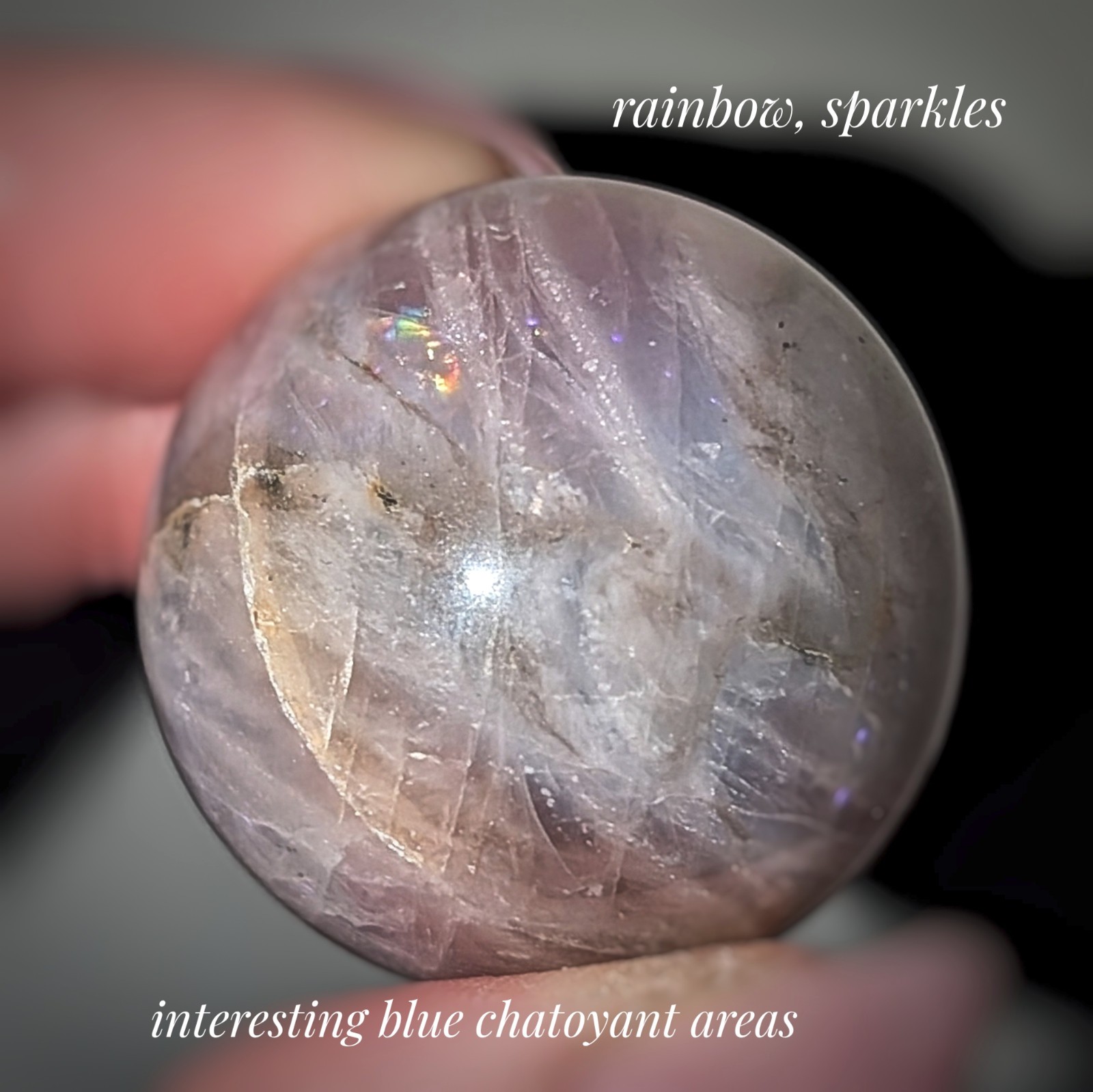 duo of 31mm lavender rose quartz sphere with chatoyancy, purple rose quartz