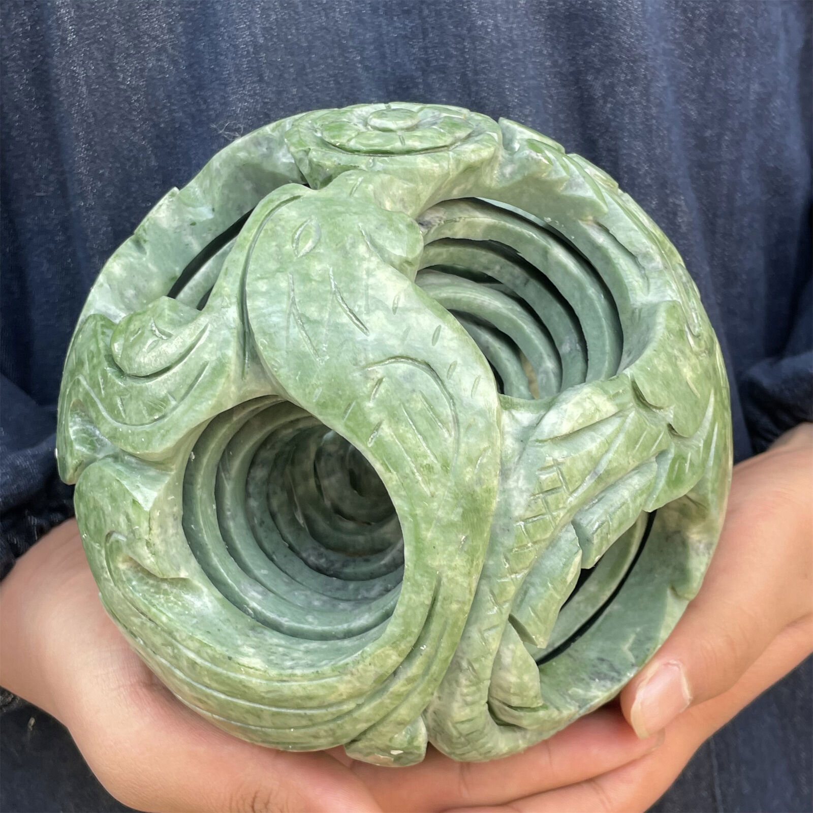 5.1inch Natural green jade Exquisite Carved sphere Quartz Crystal reiki ball