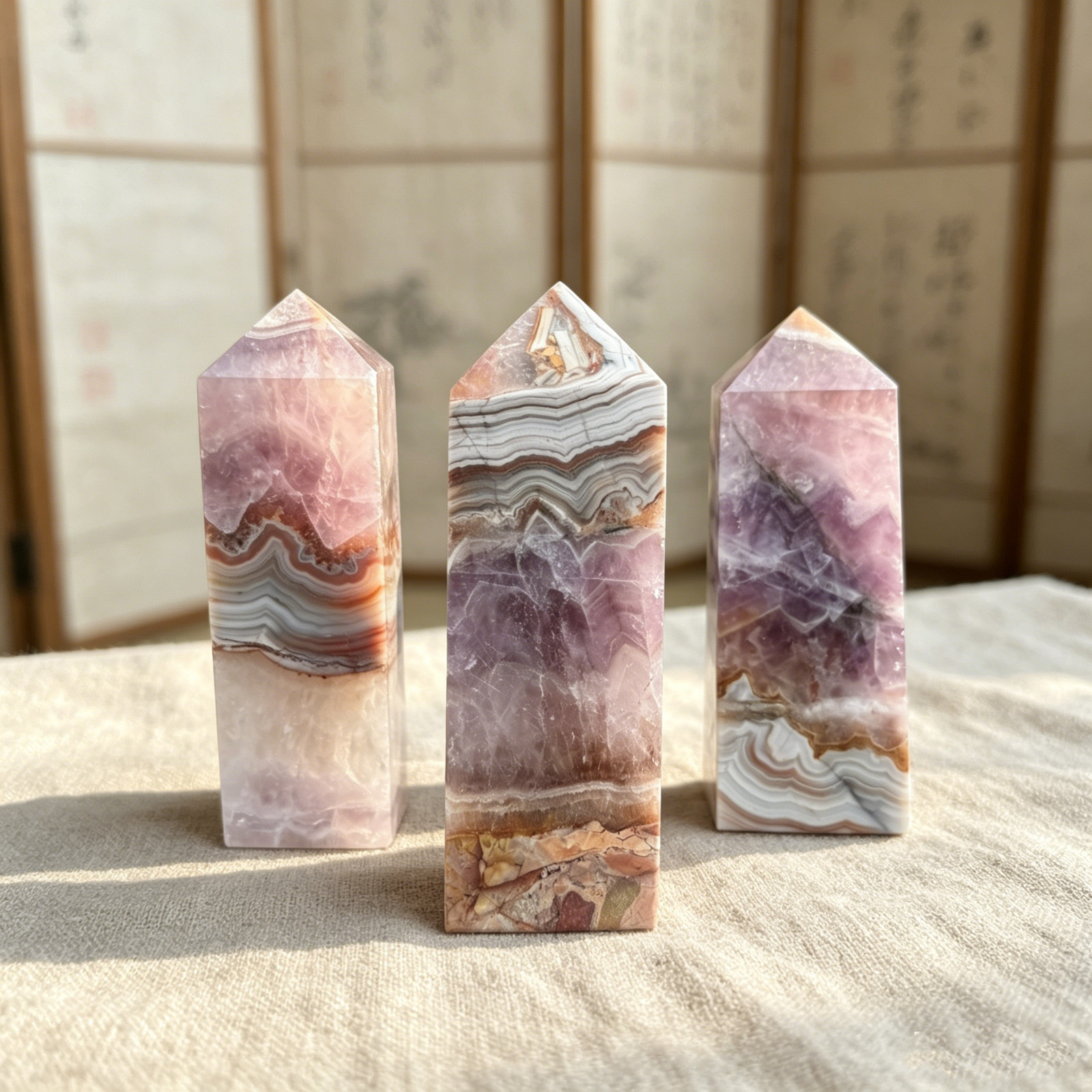 Natural Amethyst & Banded Agate Crystal Tower Obelisk Healing Wand Home Decor