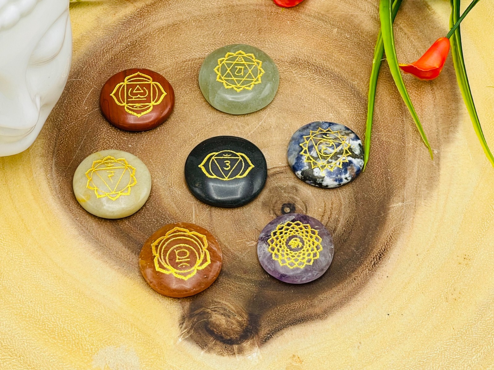 7 Chakra Round Palm Smooth Stone Set, Engraved Chakra Symbol, Crystal Palm Stone