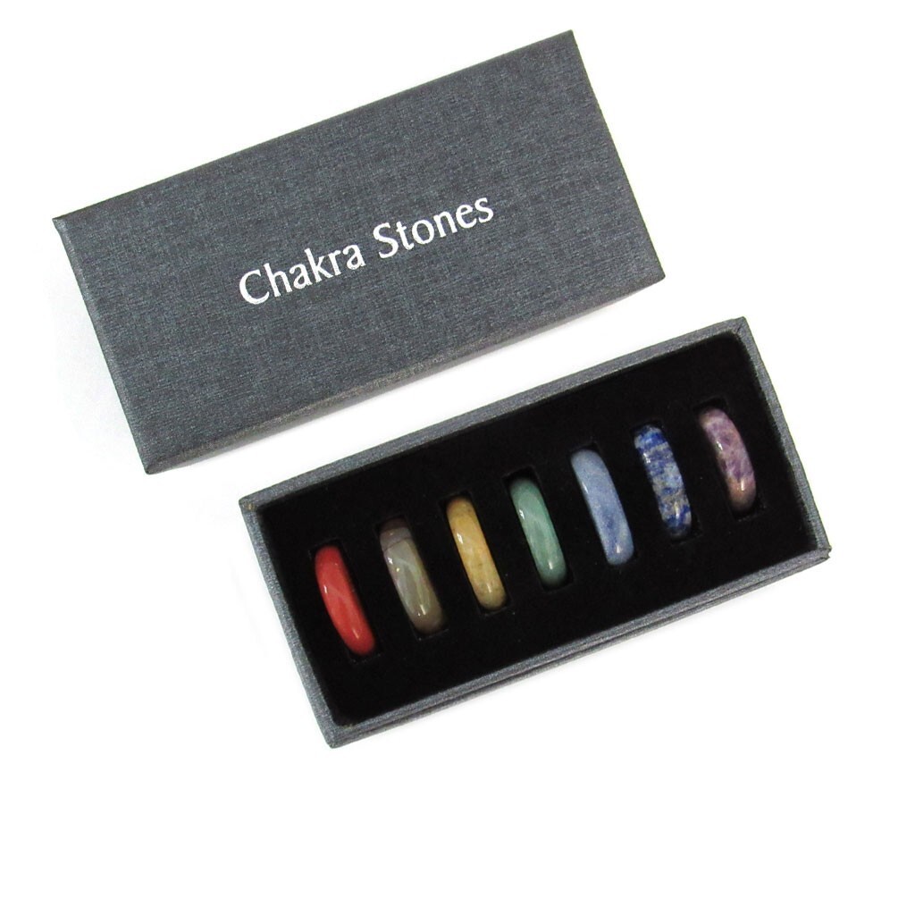 NEW Engraved Chakra Stone Set (Boxed) – Seven 1″ Natural Gem Oval w/ Gold Enamel