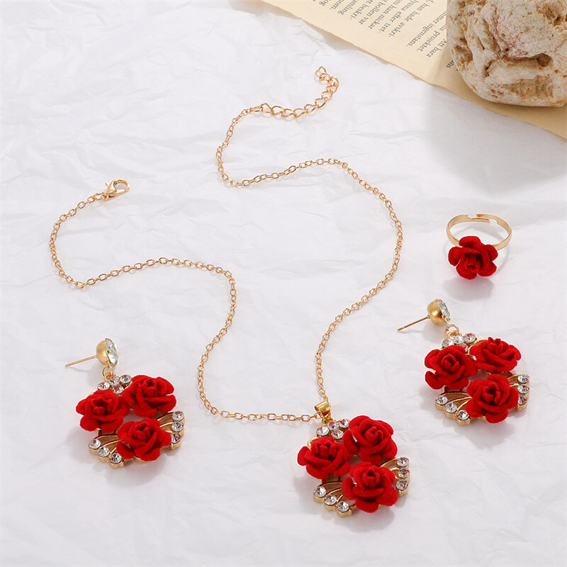 Women’s Fashion Jewelry Set Red Roses Flower Gold Earrings Ring Necklace Suit
