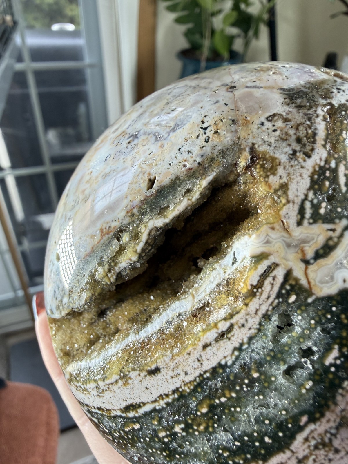 8th Vein Ocean Jasper Sphere – Druzy Pockets – Green, Pink, White – 3.69lbs
