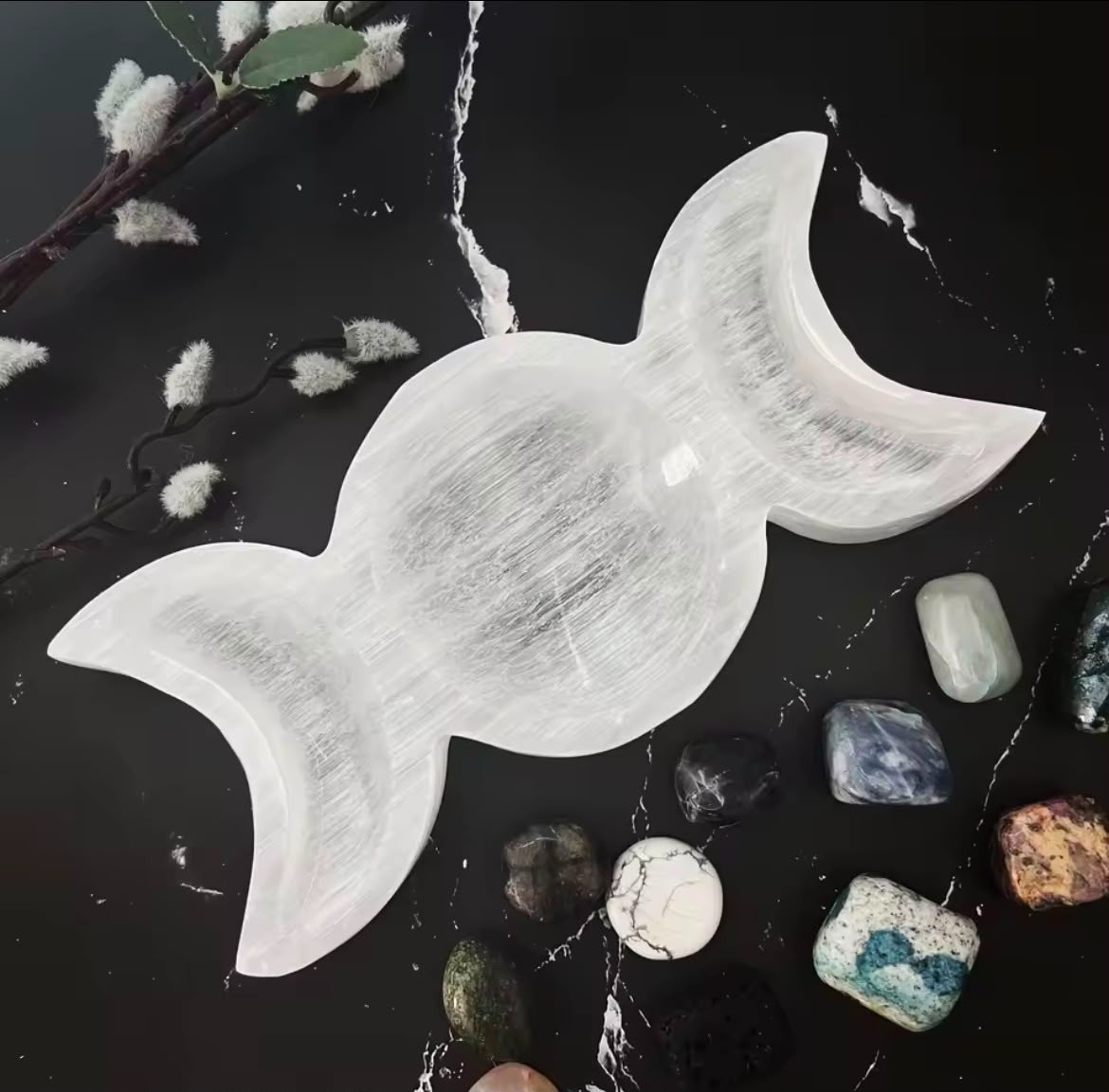 Selenite Triple Moon Bowl Smudge Dish Polished Crystal Cleansing Candy Bowl