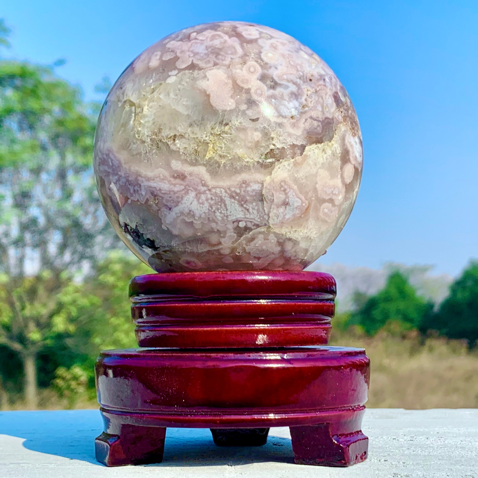 1.92LB Natural Pink Cherry Blossom Agate Geode Quartz Sphere Crystal Energy Ball