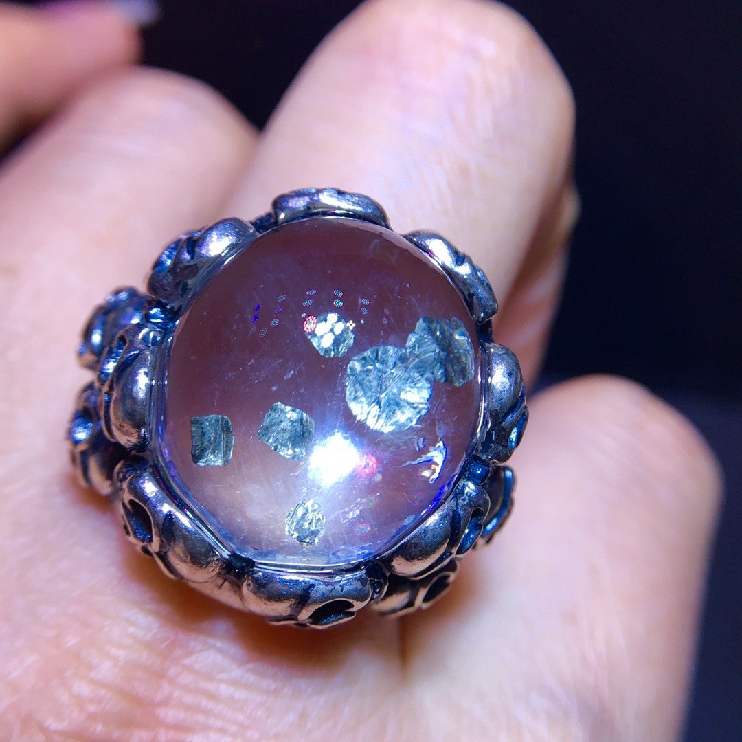 All-natural chalcopyrite oversized gemstone ring with full bezel