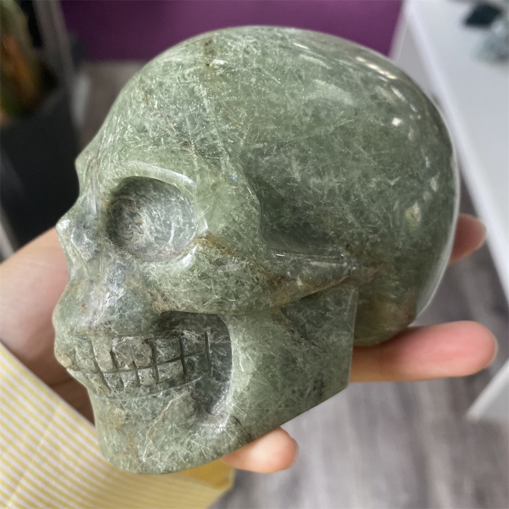 1.7LB 4″Natural A+Green Rutiled Quartz Skull Statue Crystal Reiki Carving Decor