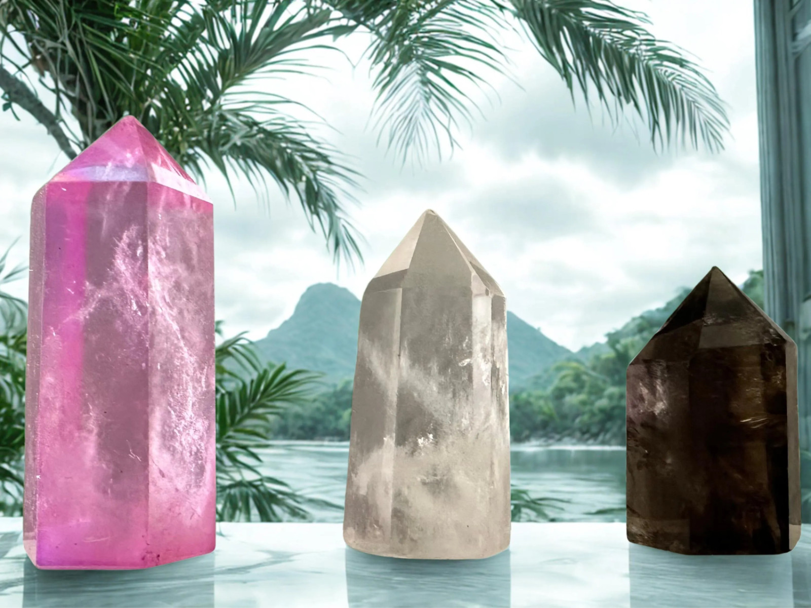 Desk Crystal Set: Selenite, Clear, Smoky, Pink Aura Quartz Towers