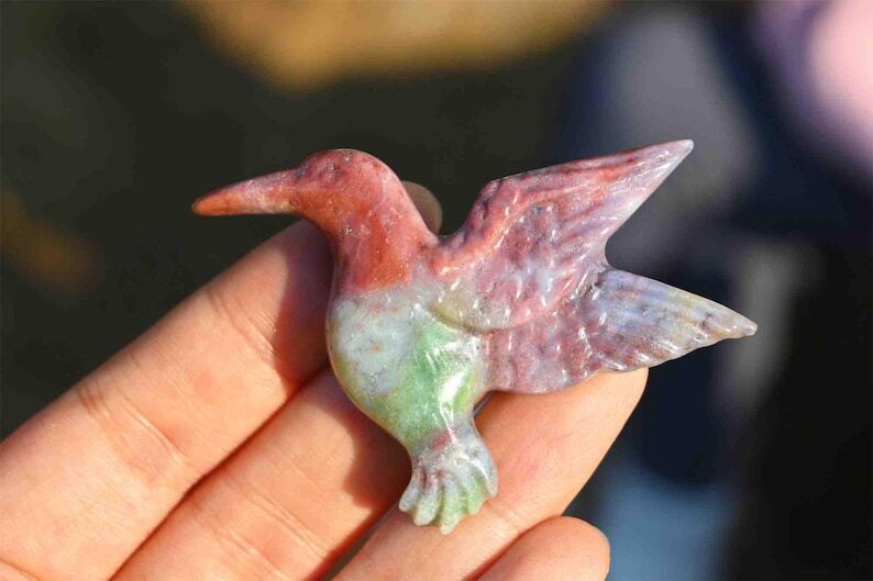 1.6”Hand Carved Ocean jasper Hummingbird Natural Reiki Crystal Figurine gift 1x