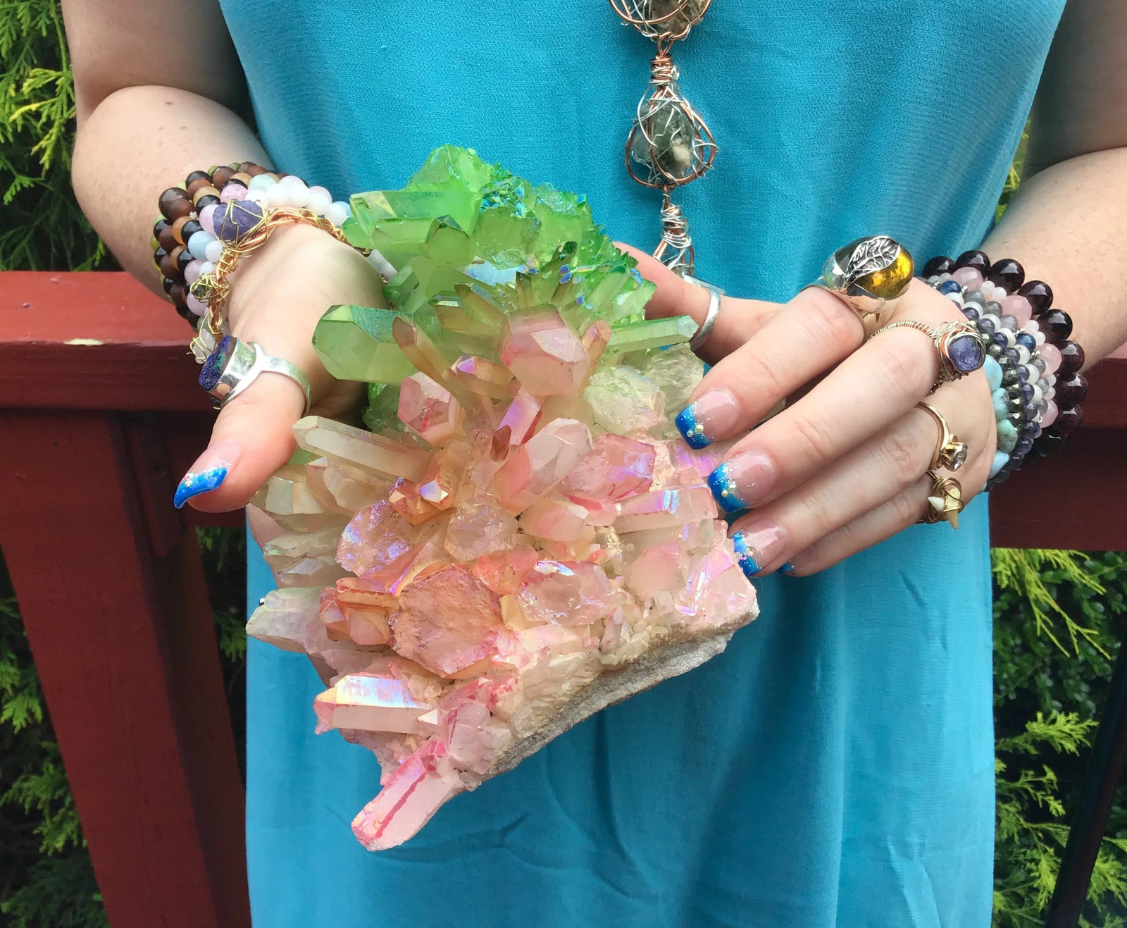 Pink & Green Aura Quartz Crystal Cluster ~ Large 2 Lb. 8 oz. ~ 8″ Long ~ Electr