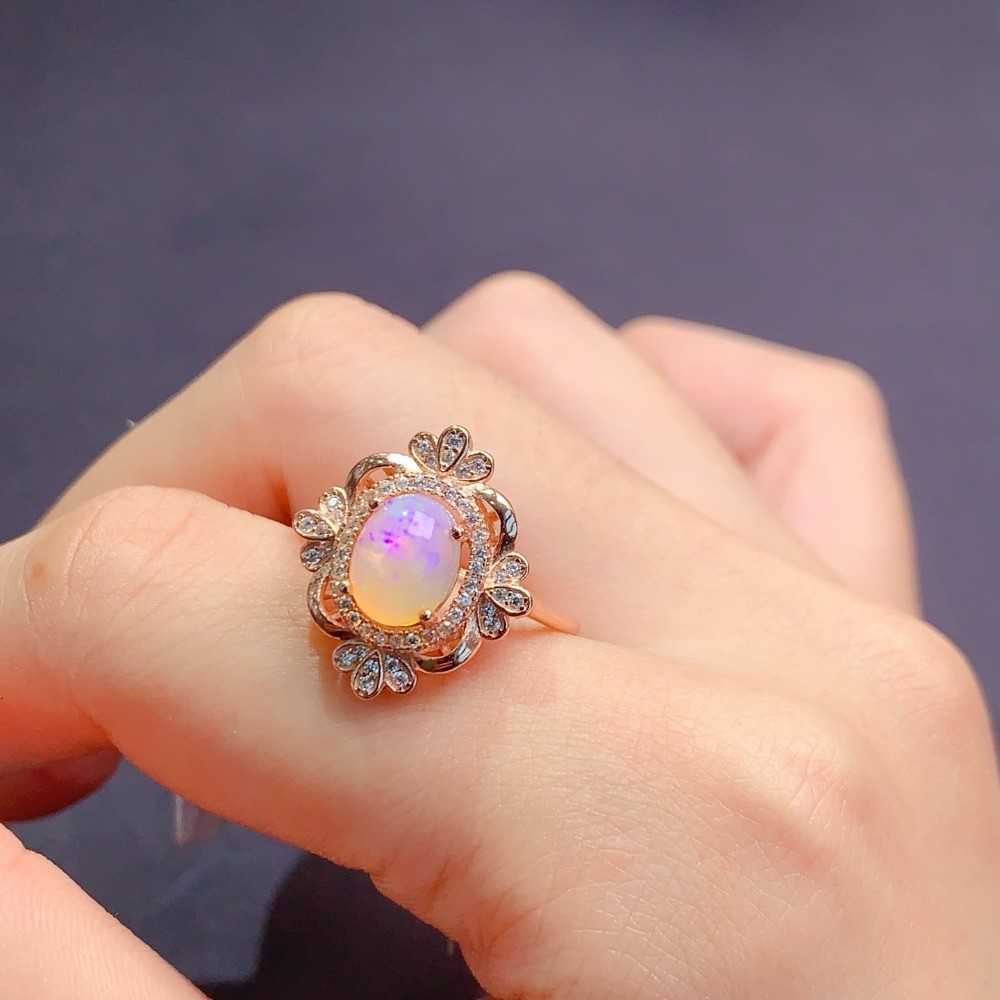 Natural Opal vintage open Adjustable ring Gemstone S925 Silver Plated18K Gold